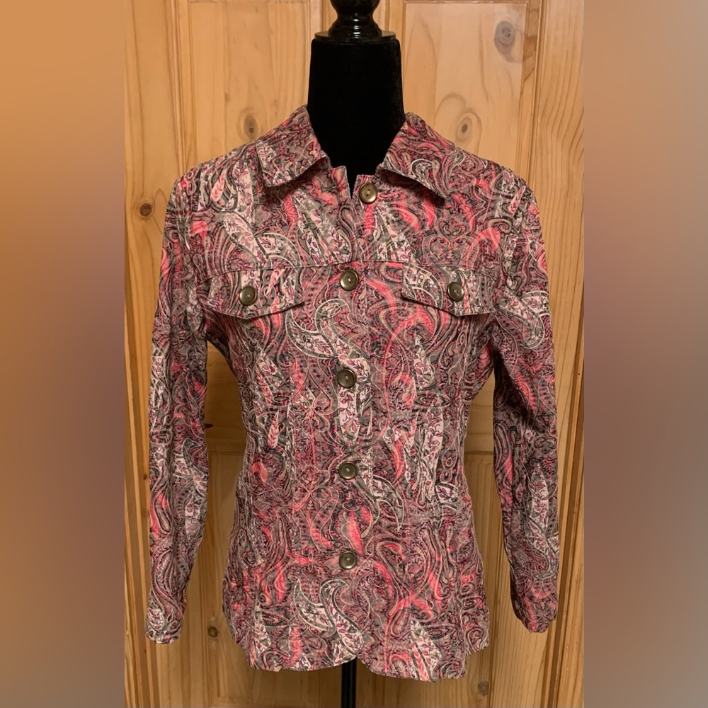 Anology Gray and Pink Paisley Jean Jacket Fitted Style